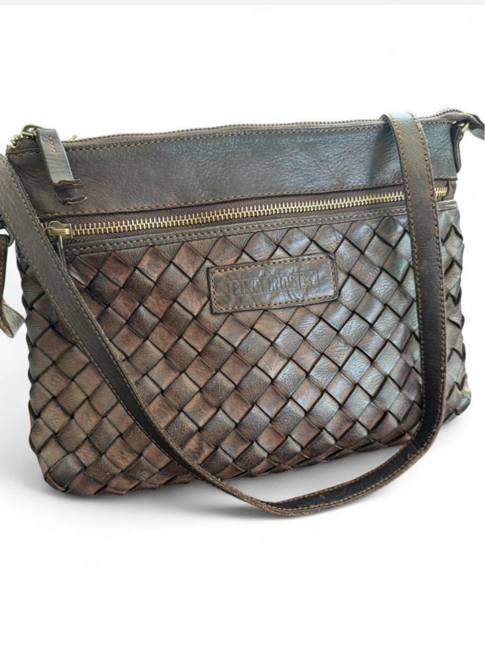 Pikolinos Faura Woven Basket Weave Leather Crossbody Bag Brown